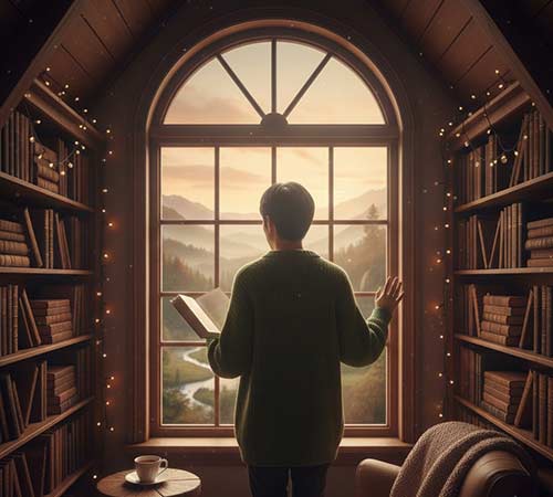 man facing the window while reading a book